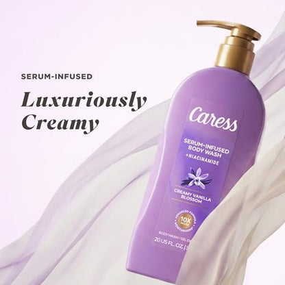 Caress Creamy Vanilla Blossom Moisturizing Body Wash with Pump – Serum-Infused with Niacinamide, 20 fl oz (Pack of 4) Avelisse