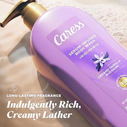 Caress Creamy Vanilla Blossom Moisturizing Body Wash with Pump – Serum-Infused with Niacinamide, 20 fl oz (Pack of 4) Avelisse