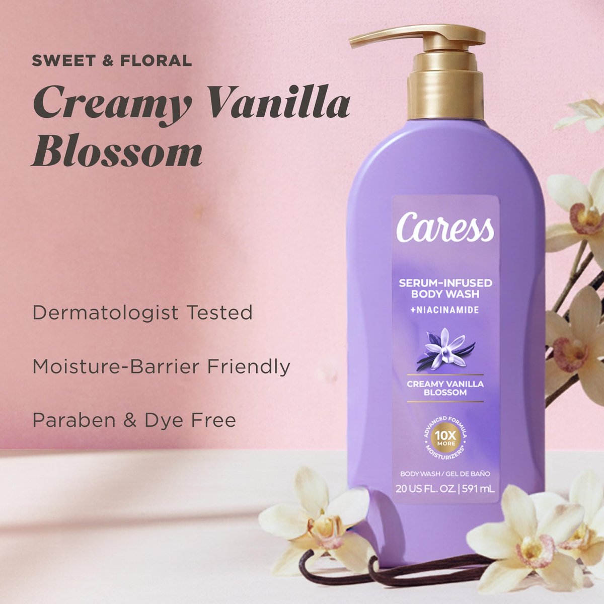 Caress Creamy Vanilla Blossom Moisturizing Body Wash with Pump – Serum-Infused with Niacinamide, 20 fl oz (Pack of 4) Avelisse