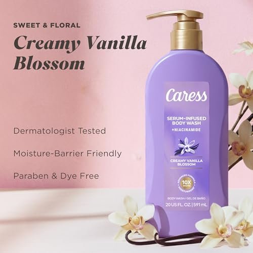 Caress Creamy Vanilla Blossom Moisturizing Body Wash with Pump – Serum-Infused with Niacinamide, 20 fl oz (Pack of 4) Avelisse