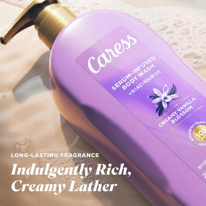 Caress Creamy Vanilla Blossom Moisturizing Body Wash with Pump – Serum-Infused with Niacinamide, 20 fl oz (Pack of 4) Avelisse