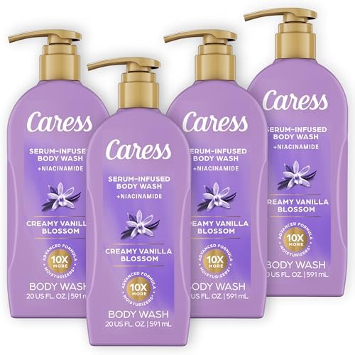Caress Creamy Vanilla Blossom Moisturizing Body Wash with Pump – Serum-Infused with Niacinamide, 20 fl oz (Pack of 4) Avelisse