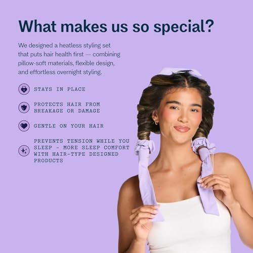 Gimme Beauty Chill Curl Heatless Styling Set - Gentle & Breathable Foam Hair Rods for Overnight Curls - Natural Waves with Frizz-Free Finish - Clip & Scrunchies Included - 4 Count, Purple Avelisse