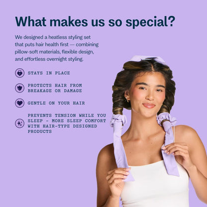 Gimme Beauty Chill Curl Heatless Styling Set - Gentle & Breathable Foam Hair Rods for Overnight Curls - Natural Waves with Frizz-Free Finish - Clip & Scrunchies Included - 4 Count, Purple Avelisse