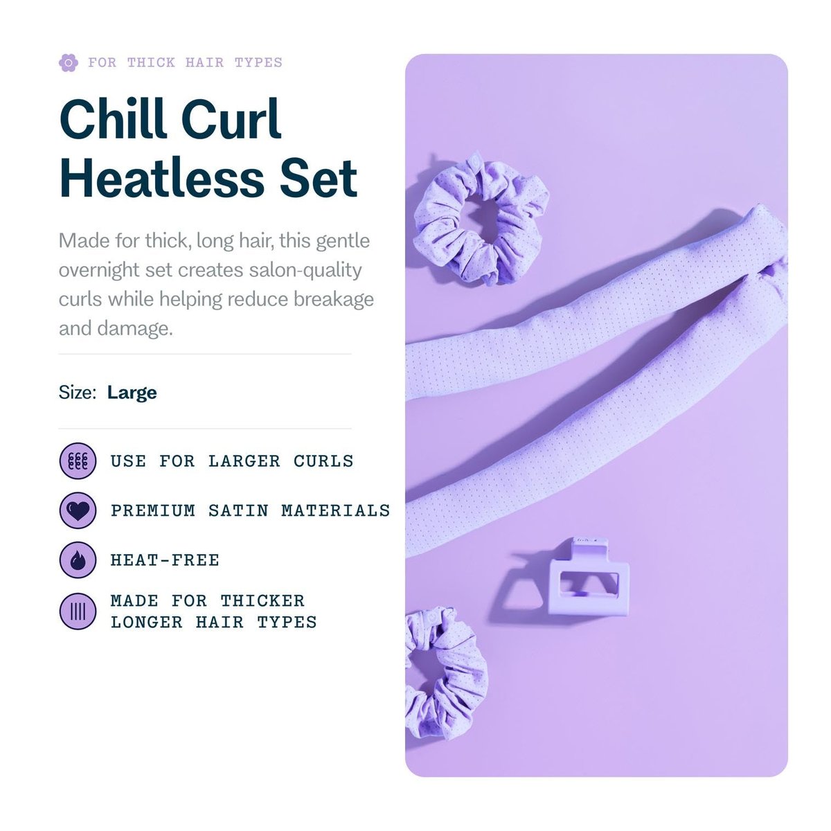 Gimme Beauty Chill Curl Heatless Styling Set - Gentle & Breathable Foam Hair Rods for Overnight Curls - Natural Waves with Frizz-Free Finish - Clip & Scrunchies Included - 4 Count, Purple Avelisse