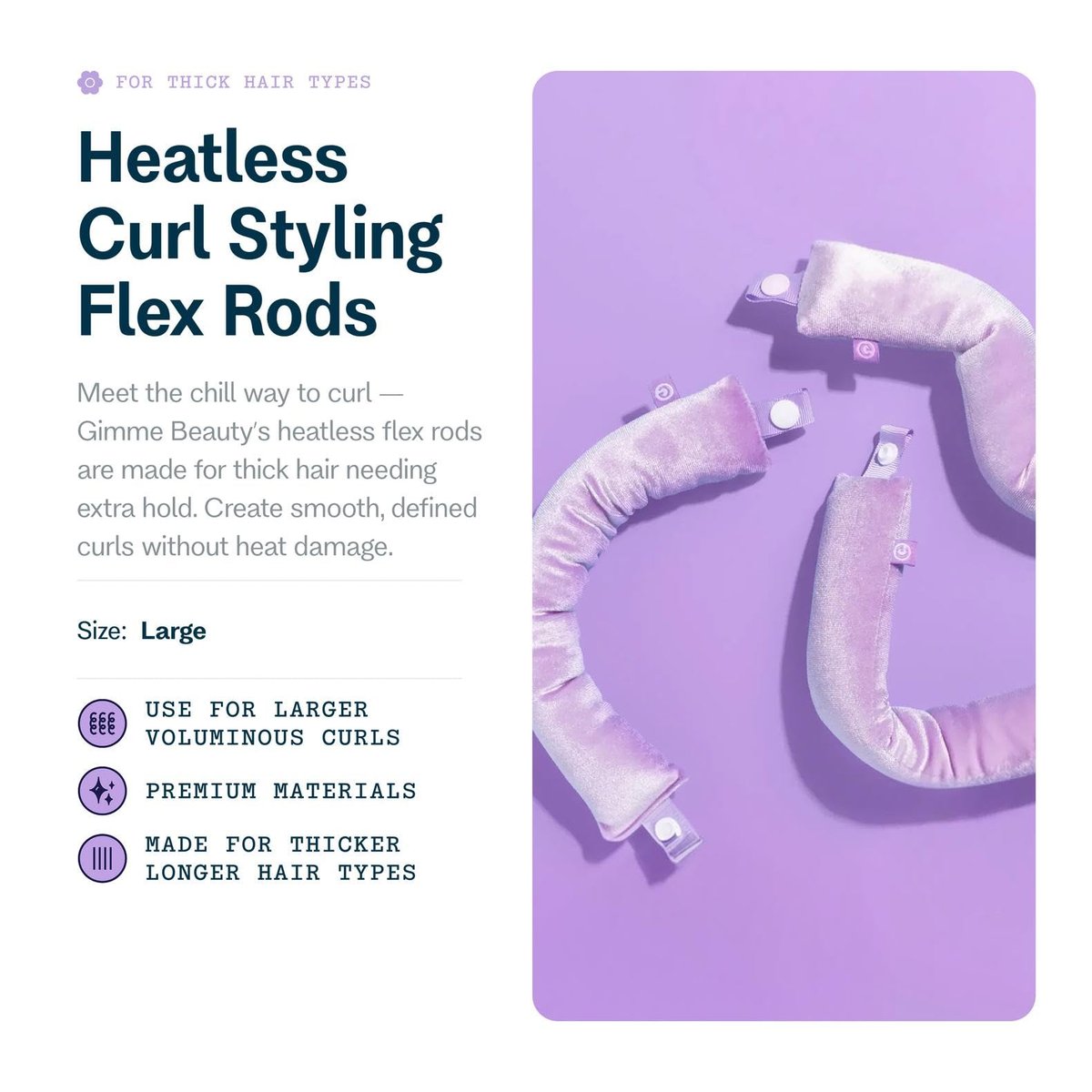 Gimme Beauty Chill Curl Heatless Flex Rods – Gentle Silk Hair Rods for Overnight Curls, Frizz-Free Waves, Secure Snap Closure, for Thick Hair, 4 Count, Purple Avelisse