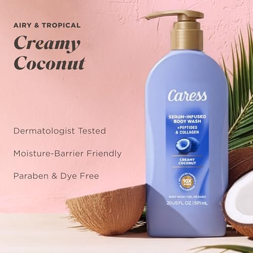 Caress Creamy Coconut Moisturizing Body Wash with Pump, Serum-Infused with Peptides & Collagen, Fruity Tropical Long Lasting Fragrance, Dermatologist Tested, 20 fl oz (Pack of 4) Avelisse