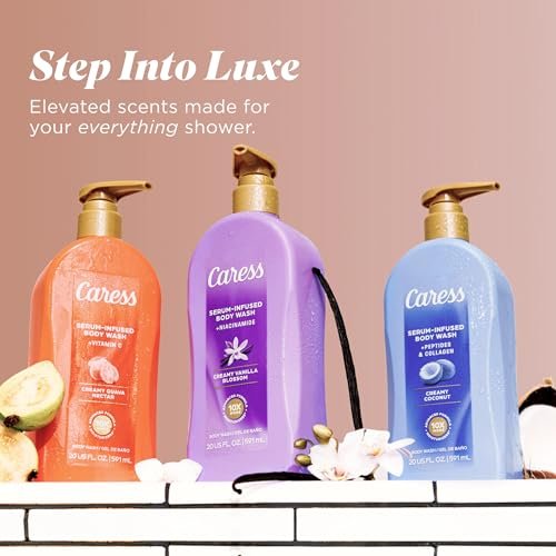 Caress Creamy Coconut Moisturizing Body Wash with Pump, Serum-Infused with Peptides & Collagen, Fruity Tropical Long Lasting Fragrance, Dermatologist Tested, 20 fl oz (Pack of 4) Avelisse