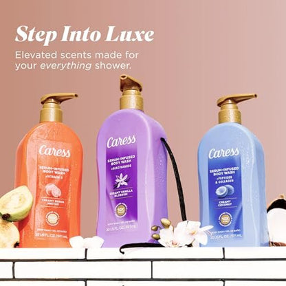 Caress Creamy Coconut Moisturizing Body Wash with Pump, Serum-Infused with Peptides & Collagen, Fruity Tropical Long Lasting Fragrance, Dermatologist Tested, 20 fl oz (Pack of 4) Avelisse