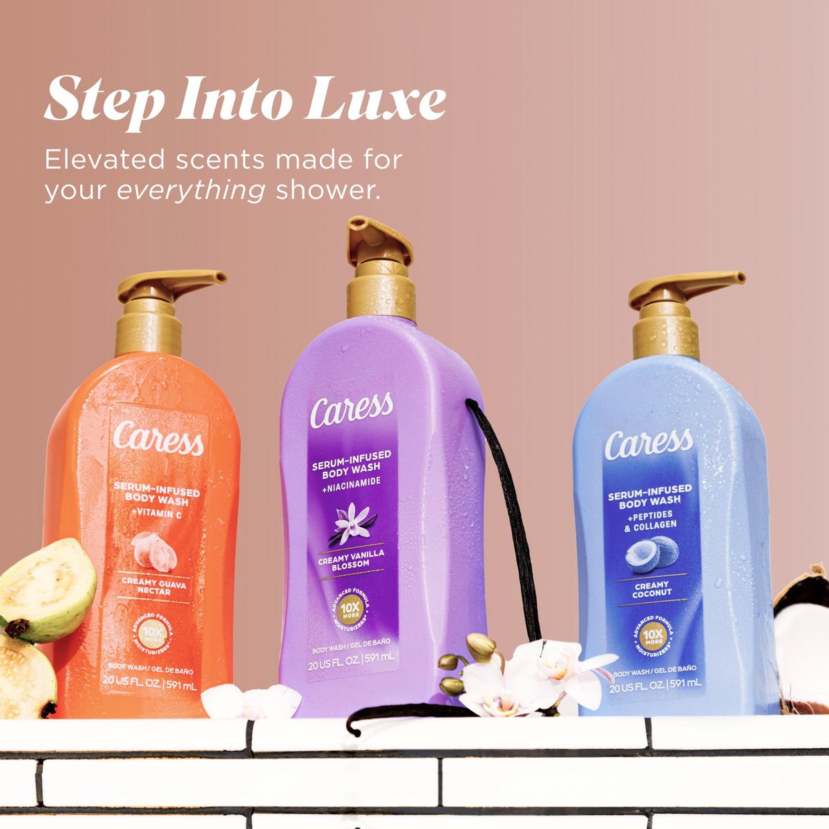 Caress Creamy Coconut Moisturizing Body Wash with Pump, Serum-Infused with Peptides & Collagen, Fruity Tropical Long Lasting Fragrance, Dermatologist Tested, 20 fl oz (Pack of 4) Avelisse