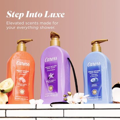 Caress Creamy Coconut Moisturizing Body Wash with Pump, Serum-Infused with Peptides & Collagen, Fruity Tropical Long Lasting Fragrance, Dermatologist Tested, 20 fl oz (Pack of 4) Avelisse