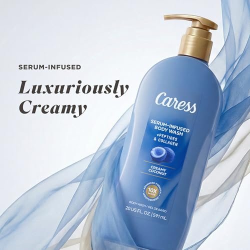 Caress Creamy Coconut Moisturizing Body Wash with Pump, Serum-Infused with Peptides & Collagen, Fruity Tropical Long Lasting Fragrance, Dermatologist Tested, 20 fl oz (Pack of 4) Avelisse