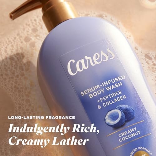 Caress Creamy Coconut Moisturizing Body Wash with Pump, Serum-Infused with Peptides & Collagen, Fruity Tropical Long Lasting Fragrance, Dermatologist Tested, 20 fl oz (Pack of 4) Avelisse
