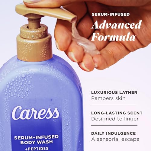 Caress Creamy Coconut Moisturizing Body Wash with Pump, Serum-Infused with Peptides & Collagen, Fruity Tropical Long Lasting Fragrance, Dermatologist Tested, 20 fl oz (Pack of 4) Avelisse