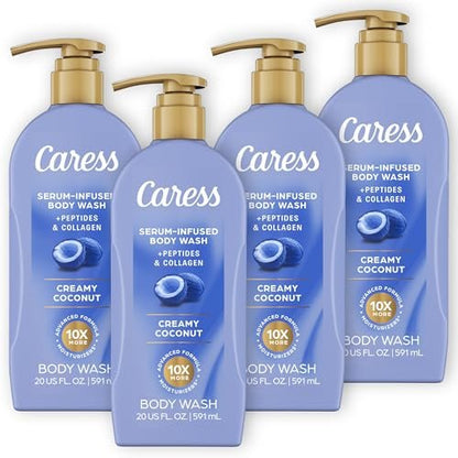 Caress Creamy Coconut Moisturizing Body Wash with Pump, Serum-Infused with Peptides & Collagen, Fruity Tropical Long Lasting Fragrance, Dermatologist Tested, 20 fl oz (Pack of 4) Avelisse