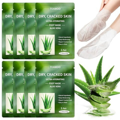 TEAWOO 8 Pairs Moisturizing Foot Masks with Aloe Vera Extract & Jojoba Oil – Intensely Hydrating Socks for Dry, Cracked Feet & Heel Treatment