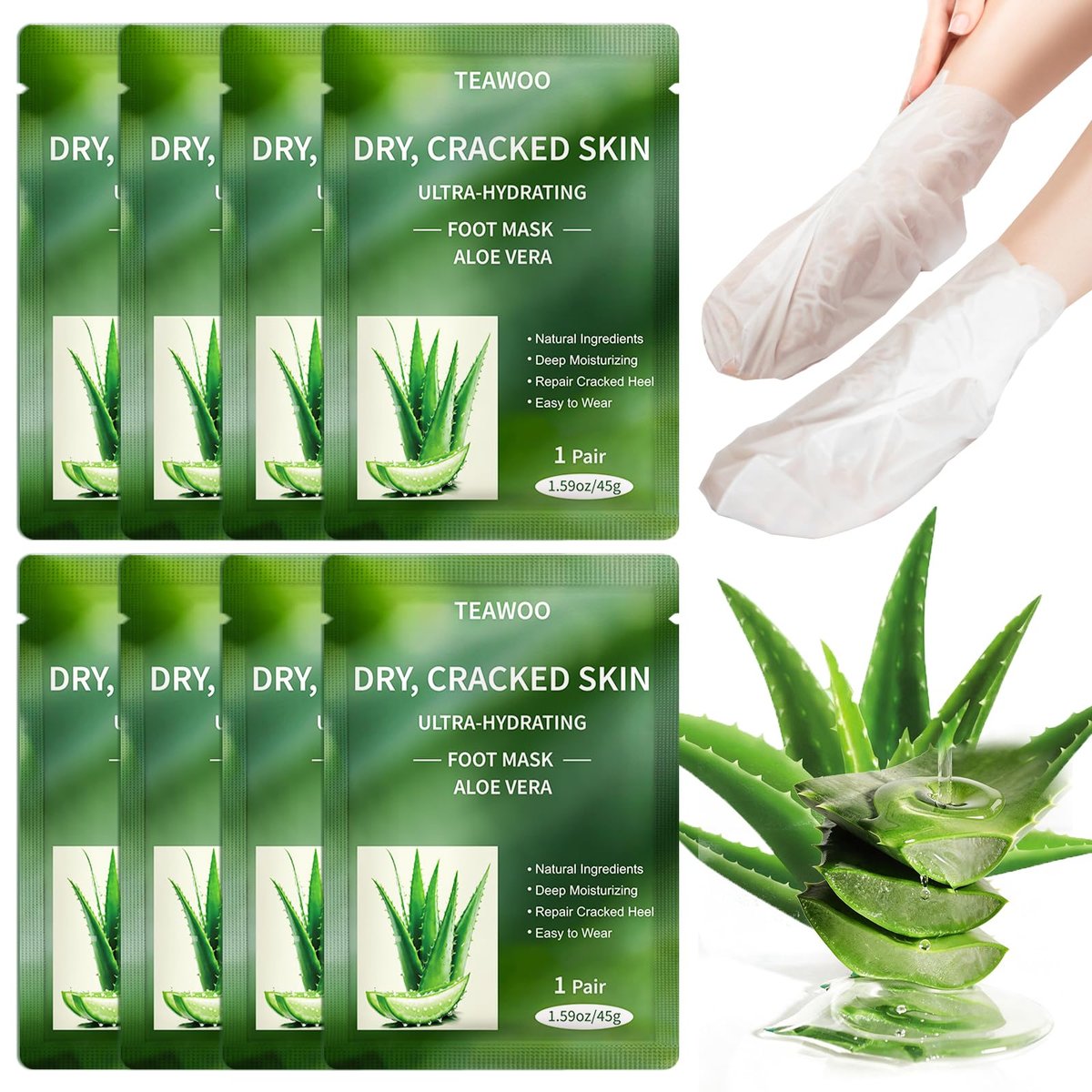 TEAWOO 8 Pairs Moisturizing Foot Masks with Aloe Vera Extract & Jojoba Oil – Intensely Hydrating Socks for Dry, Cracked Feet & Heel Treatment - görsel 1
