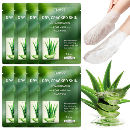 TEAWOO 8 Pairs Moisturizing Foot Masks with Aloe Vera Extract & Jojoba Oil – Intensely Hydrating Socks for Dry, Cracked Feet & Heel Treatment