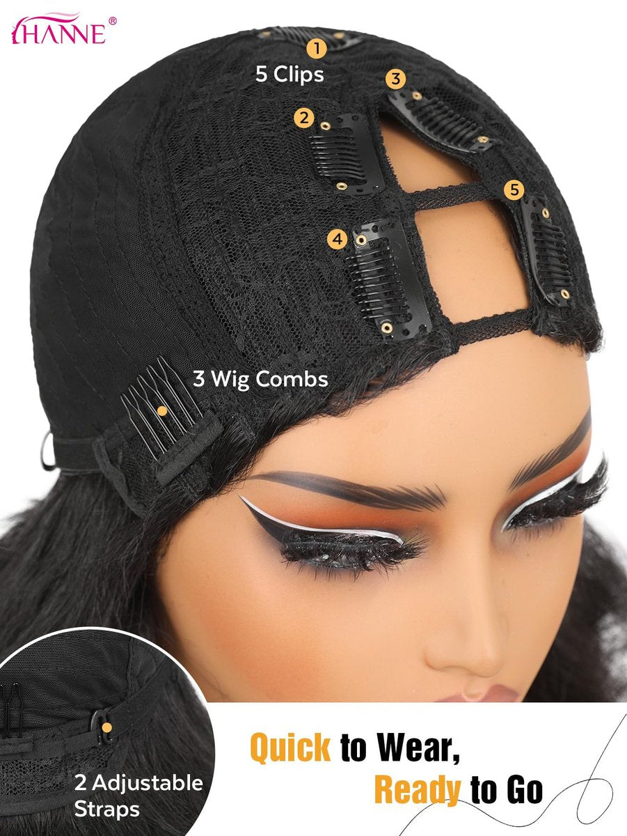 HANNE Yaki Curly V Part Wig - 26 Inch Fluffy Wavy Flip Curls Synthetic Half Wig for Black Women (Natural Black) Avelisse