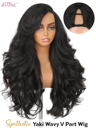 HANNE Yaki Curly V Part Wig - 26 Inch Fluffy Wavy Flip Curls Synthetic Half Wig for Black Women (Natural Black) Avelisse