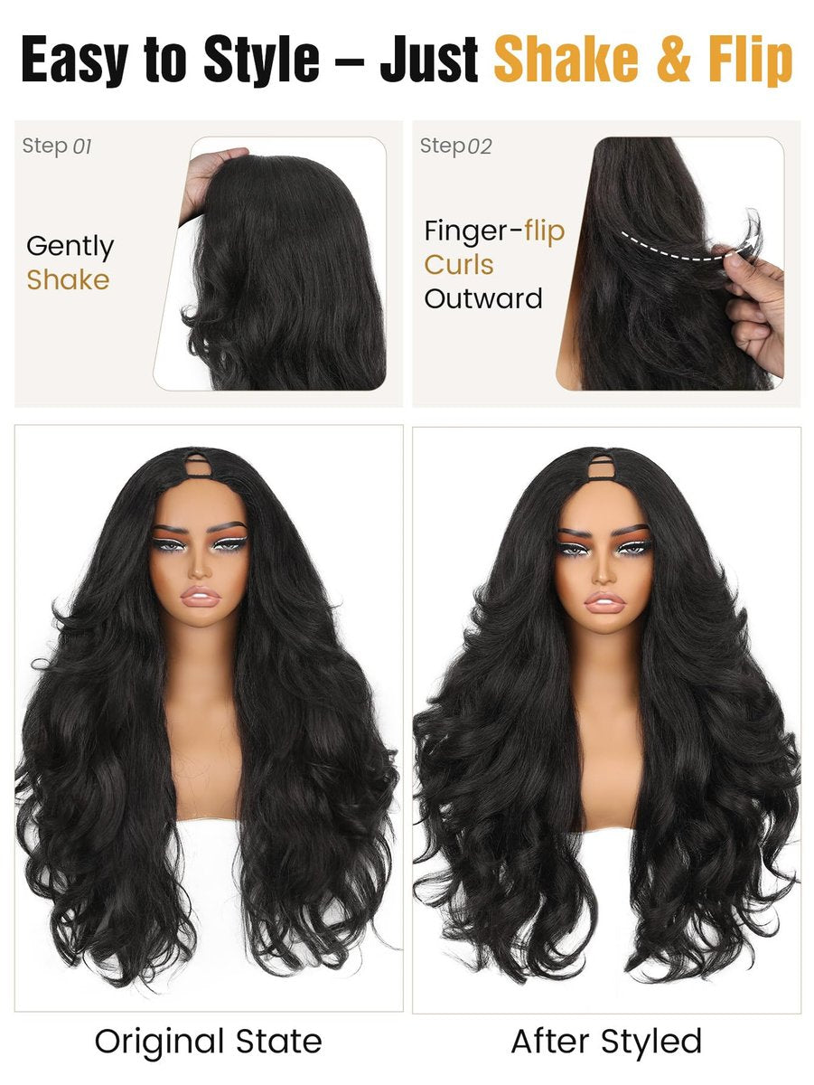 HANNE Yaki Curly V Part Wig - 26 Inch Fluffy Wavy Flip Curls Synthetic Half Wig for Black Women (Natural Black) Avelisse