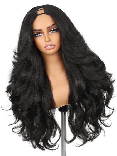 HANNE Yaki Curly V Part Wig - 26 Inch Fluffy Wavy Flip Curls Synthetic Half Wig for Black Women (Natural Black) Avelisse