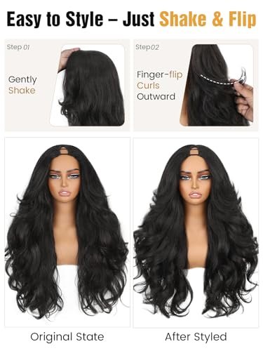 HANNE Yaki Curly V Part Wig - 26 Inch Fluffy Wavy Flip Curls Synthetic Half Wig for Black Women (Natural Black) Avelisse