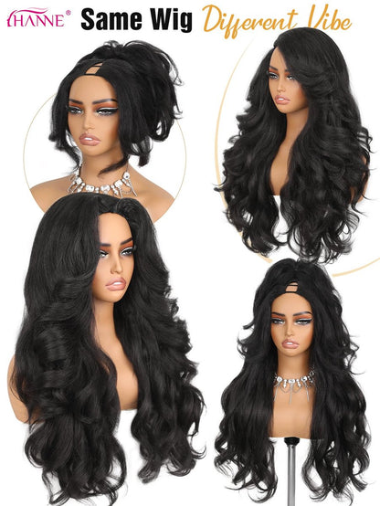 HANNE Yaki Curly V Part Wig - 26 Inch Fluffy Wavy Flip Curls Synthetic Half Wig for Black Women (Natural Black) Avelisse