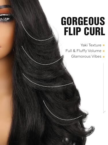 HANNE Yaki Curly V Part Wig - 26 Inch Fluffy Wavy Flip Curls Synthetic Half Wig for Black Women (Natural Black) Avelisse