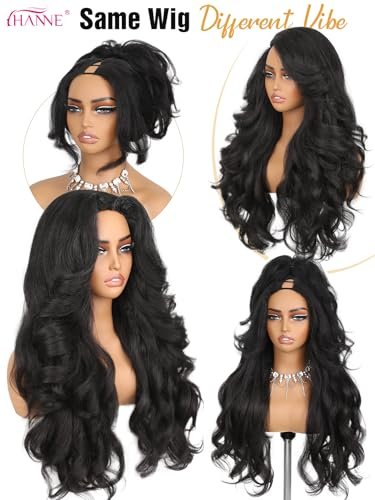 HANNE Yaki Curly V Part Wig - 26 Inch Fluffy Wavy Flip Curls Synthetic Half Wig for Black Women (Natural Black) Avelisse