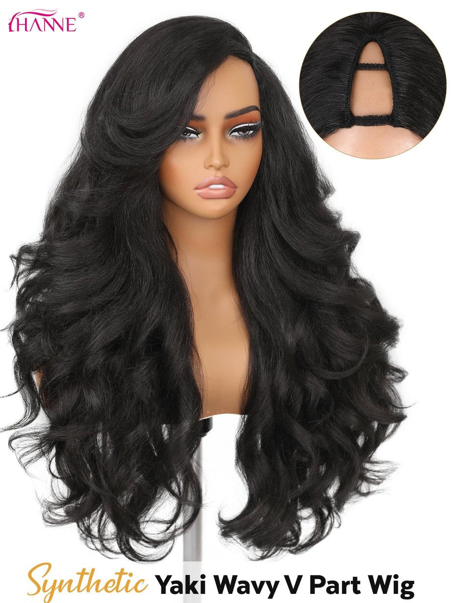 HANNE Yaki Curly V Part Wig - 26 Inch Fluffy Wavy Flip Curls Synthetic Half Wig for Black Women (Natural Black) Avelisse