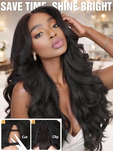 HANNE Yaki Curly V Part Wig - 26 Inch Fluffy Wavy Flip Curls Synthetic Half Wig for Black Women (Natural Black) Avelisse