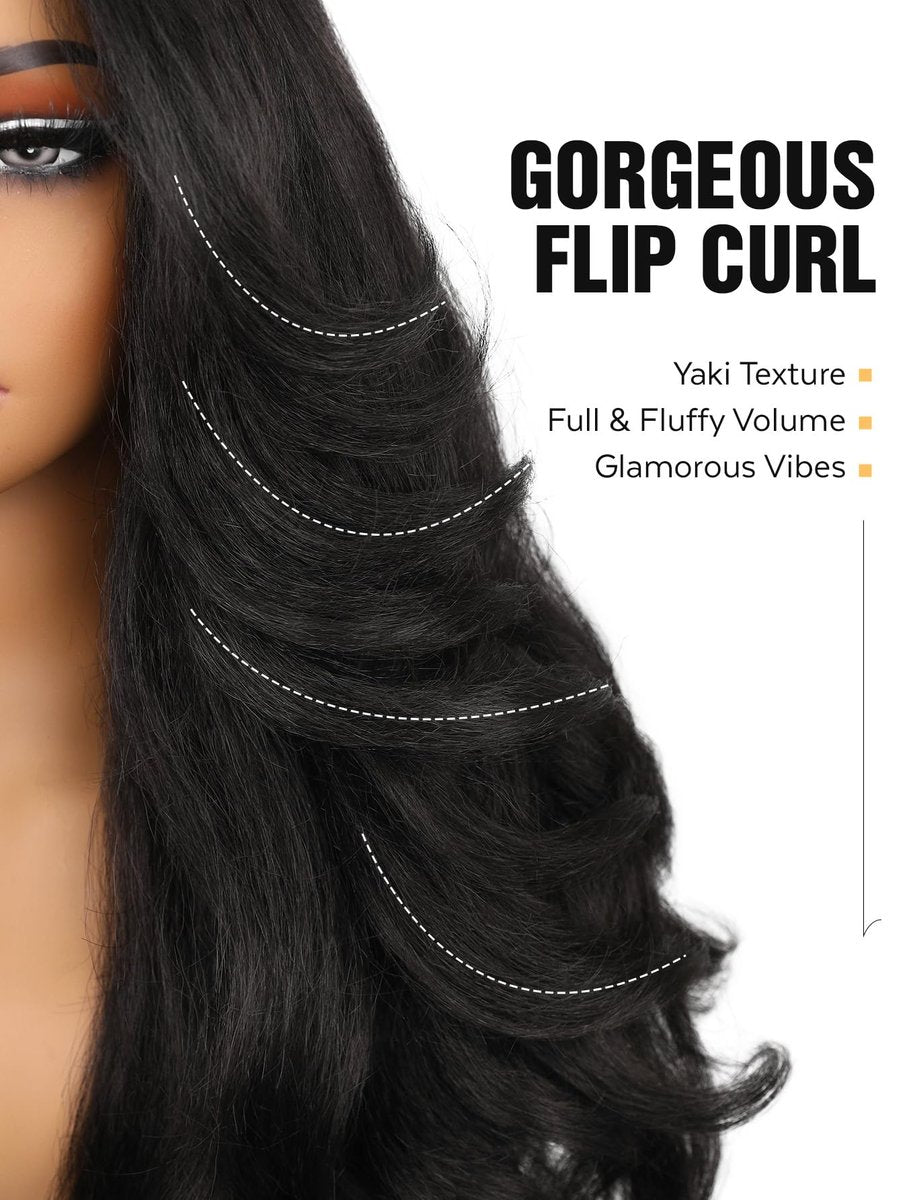 HANNE Yaki Curly V Part Wig - 26 Inch Fluffy Wavy Flip Curls Synthetic Half Wig for Black Women (Natural Black) Avelisse