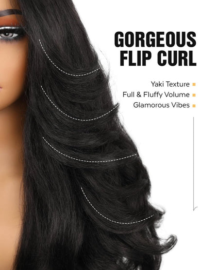 HANNE Yaki Curly V Part Wig - 26 Inch Fluffy Wavy Flip Curls Synthetic Half Wig for Black Women (Natural Black) Avelisse