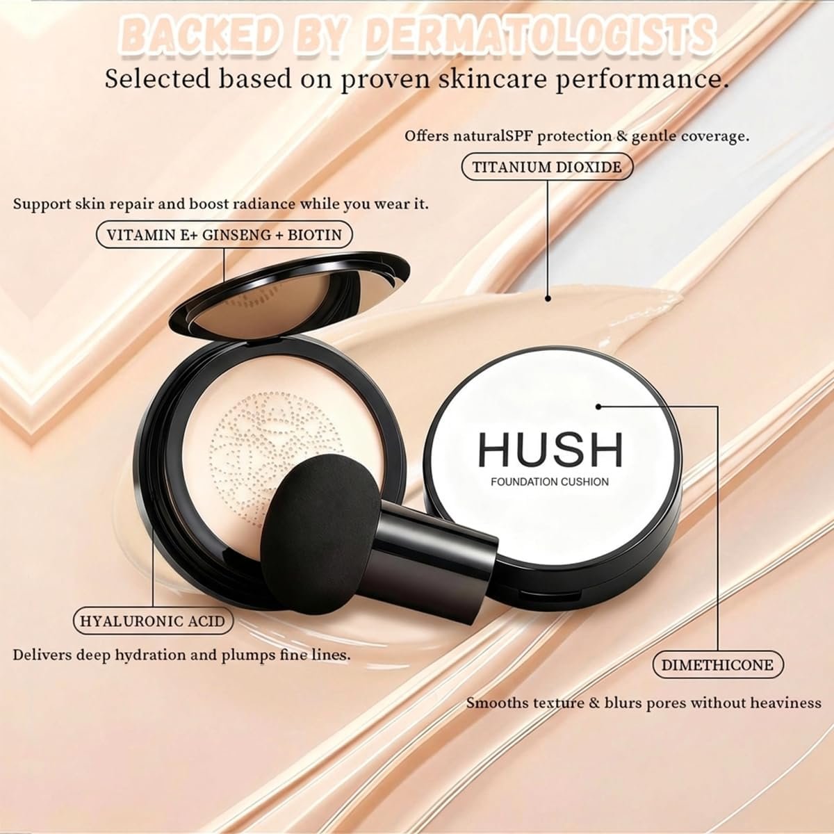 Hush Natural Glow Foundation for Mature Skin – 2026 Mushroom Head Air Cushion CC Cream, Full Coverage Long-Lasting BB Cream for Older Women, Natural Radiant Glow for Light/Medium Warm Tone Skin Avelisse