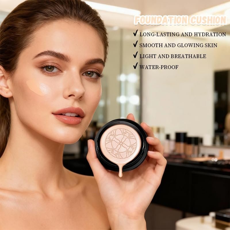 Hush Natural Glow Foundation for Mature Skin – 2026 Mushroom Head Air Cushion CC Cream, Full Coverage Long-Lasting BB Cream for Older Women, Natural Radiant Glow for Light/Medium Warm Tone Skin Avelisse