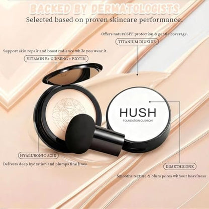 Hush Natural Glow Foundation for Mature Skin – 2026 Mushroom Head Air Cushion CC Cream, Full Coverage Long-Lasting BB Cream for Older Women, Natural Radiant Glow for Light/Medium Warm Tone Skin Avelisse