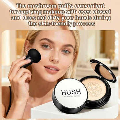 Hush Natural Glow Foundation for Mature Skin – 2026 Mushroom Head Air Cushion CC Cream, Full Coverage Long-Lasting BB Cream for Older Women, Natural Radiant Glow for Light/Medium Warm Tone Skin Avelisse