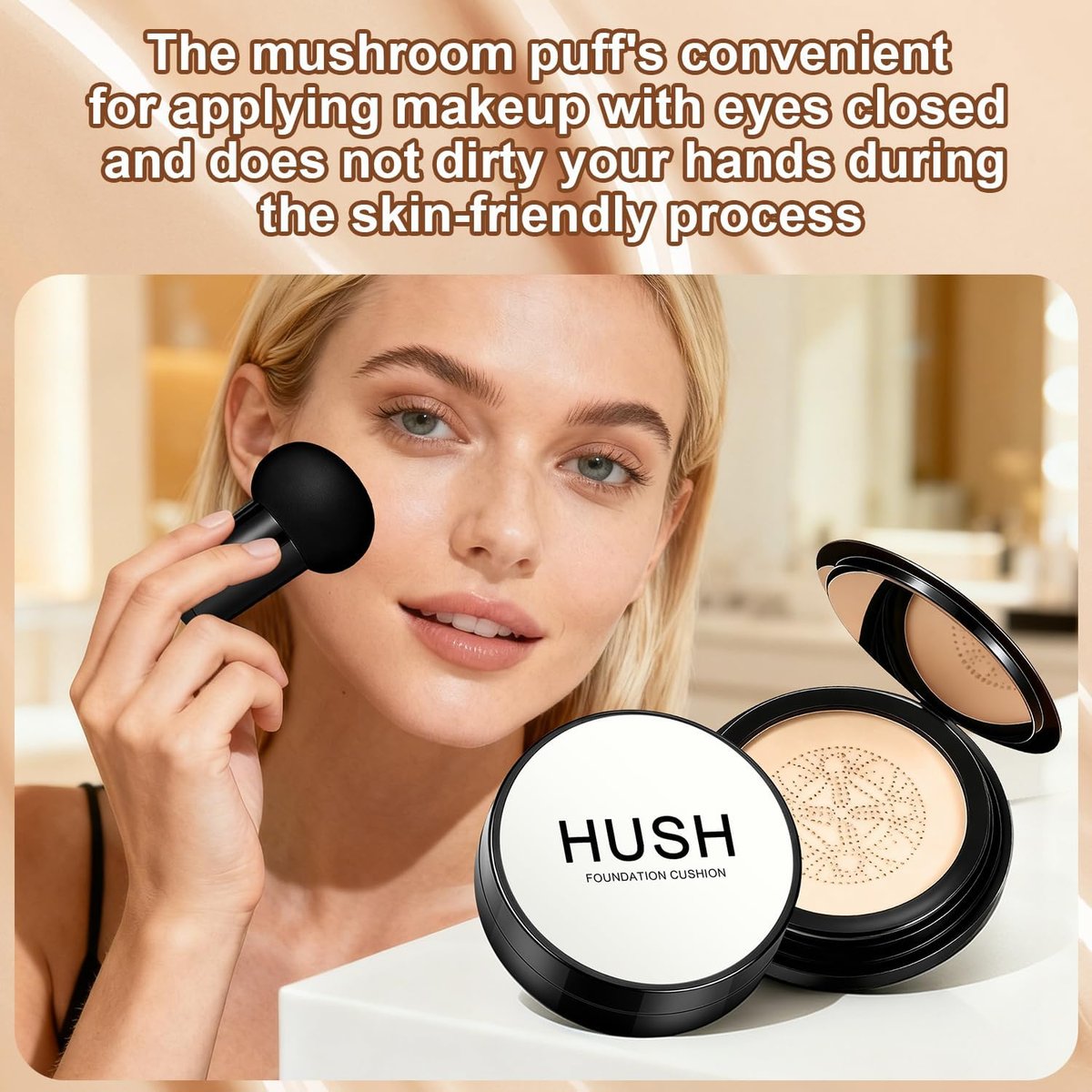 Hush Natural Glow Foundation for Mature Skin – 2026 Mushroom Head Air Cushion CC Cream, Full Coverage Long-Lasting BB Cream for Older Women, Natural Radiant Glow for Light/Medium Warm Tone Skin Avelisse