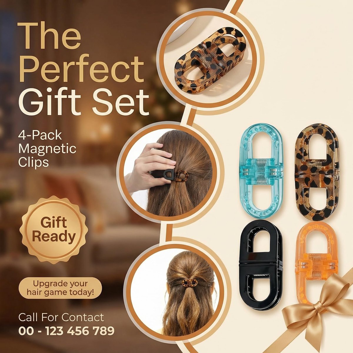 KYWYOYOU Magnetic Hair Clips - 4 Pack No-Slip Auto-Closure Styling Clips for Women and Girls, Compact Bow Design, Durable Satin Ribbon, Mixed Colors (Peach, Nude, Beige) Avelisse