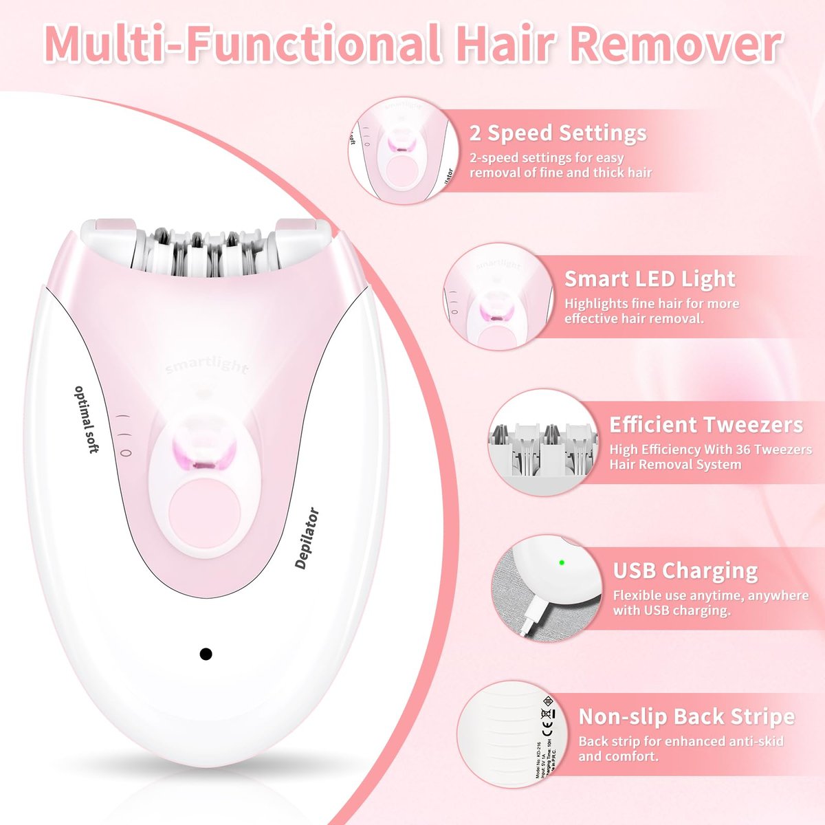 MIRAIWATIMO Epilator for Women - 2 Speeds Smooth Skin Face Epilators with LED, Cordless Electric Hair Remover for Armpit, Leg, Bikini Area, Arm, Facial Hair Removal (Pink) Avelisse