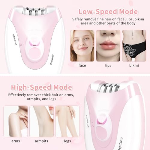 MIRAIWATIMO Epilator for Women - 2 Speeds Smooth Skin Face Epilators with LED, Cordless Electric Hair Remover for Armpit, Leg, Bikini Area, Arm, Facial Hair Removal (Pink) Avelisse