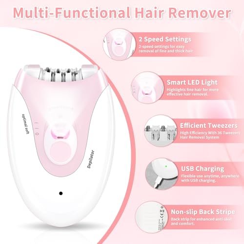 MIRAIWATIMO Epilator for Women - 2 Speeds Smooth Skin Face Epilators with LED, Cordless Electric Hair Remover for Armpit, Leg, Bikini Area, Arm, Facial Hair Removal (Pink) Avelisse