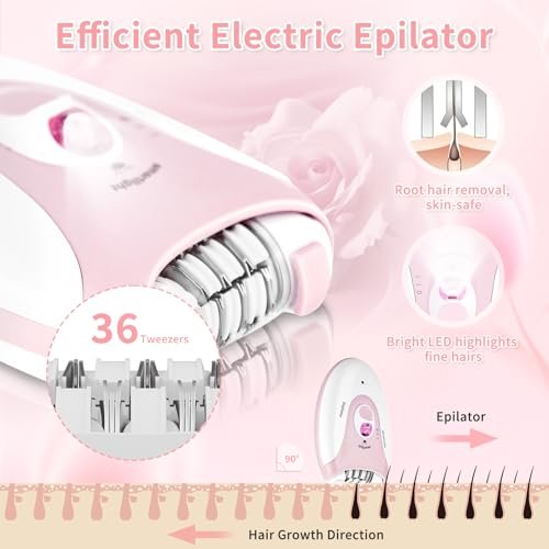MIRAIWATIMO Epilator for Women - 2 Speeds Smooth Skin Face Epilators with LED, Cordless Electric Hair Remover for Armpit, Leg, Bikini Area, Arm, Facial Hair Removal (Pink) Avelisse