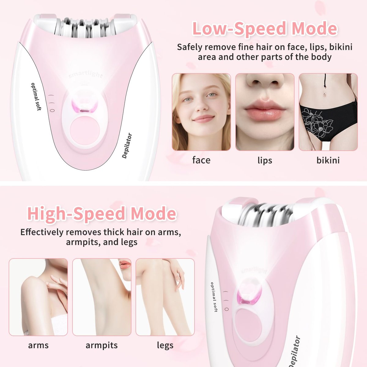 MIRAIWATIMO Epilator for Women - 2 Speeds Smooth Skin Face Epilators with LED, Cordless Electric Hair Remover for Armpit, Leg, Bikini Area, Arm, Facial Hair Removal (Pink) Avelisse