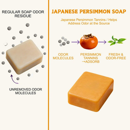 Natural Japanese Persimmon Soap 2-Pack with Exfoliating Loofah Pad & Foaming Nets – Deodorizing Body Soap for Senior & Body Odor, Mild for Most Skin Types Avelisse