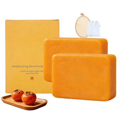 Natural Japanese Persimmon Soap 2-Pack with Exfoliating Loofah Pad & Foaming Nets – Deodorizing Body Soap for Senior & Body Odor, Mild for Most Skin Types Avelisse