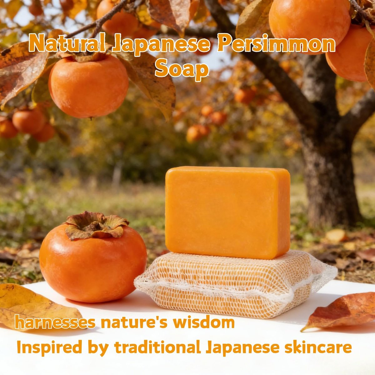 Natural Japanese Persimmon Soap 2-Pack with Exfoliating Loofah Pad & Foaming Nets – Deodorizing Body Soap for Senior & Body Odor, Mild for Most Skin Types Avelisse