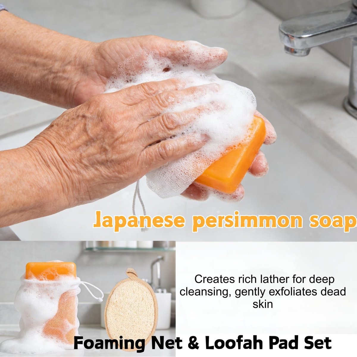 Natural Japanese Persimmon Soap 2-Pack with Exfoliating Loofah Pad & Foaming Nets – Deodorizing Body Soap for Senior & Body Odor, Mild for Most Skin Types Avelisse