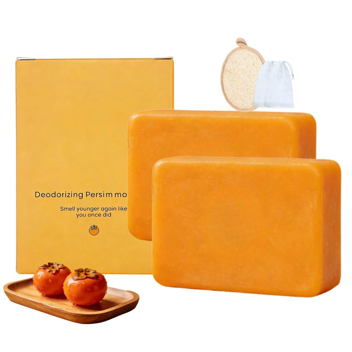 Natural Japanese Persimmon Soap 2-Pack with Exfoliating Loofah Pad & Foaming Nets – Deodorizing Body Soap for Senior & Body Odor, Mild for Most Skin Types Avelisse